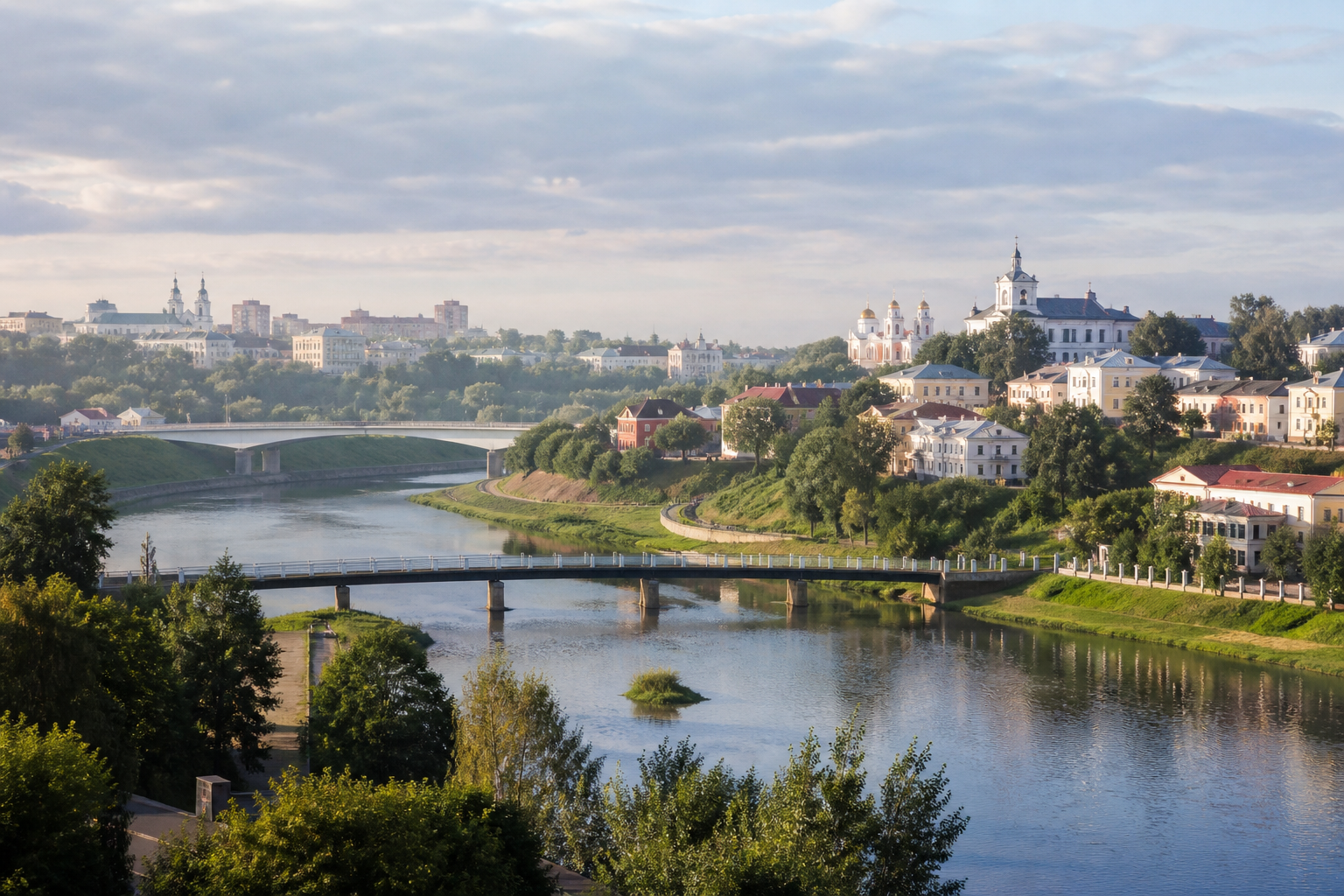 Холмистый городской пейзаж Витебска, демонстрационная иллюстрация