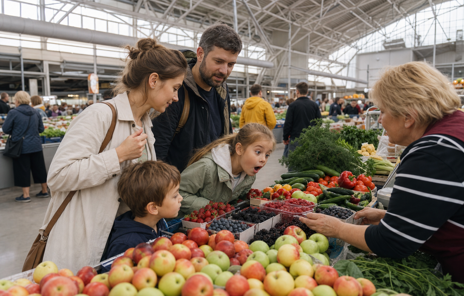 Семья выбирает сезонные продукты на крытом рынке — тематическая AI-иллюстрация